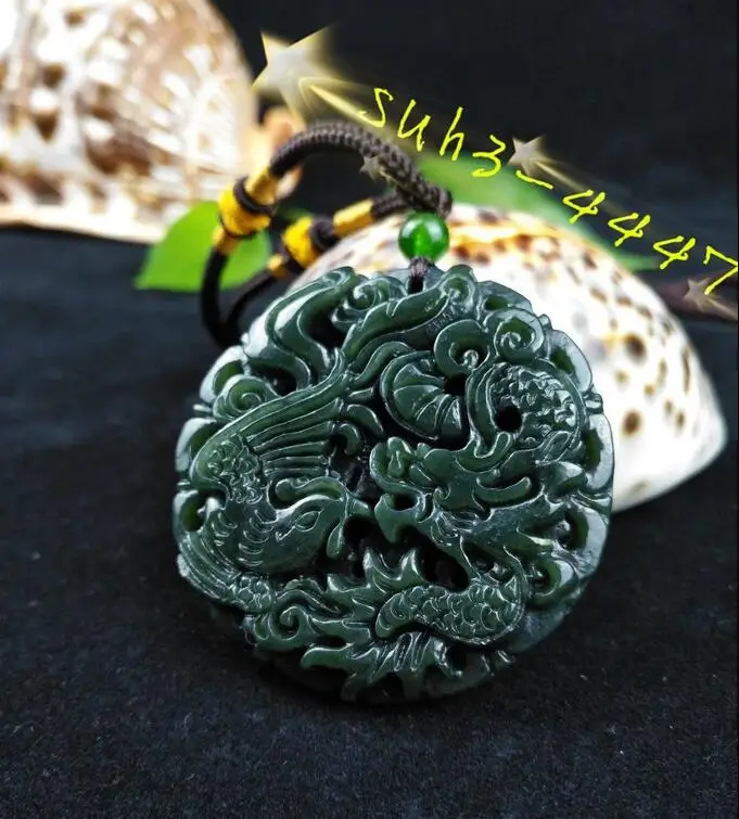 Beautiful 100% Chinese jade hand-carved the statue of dragon and phoe PENDANT K