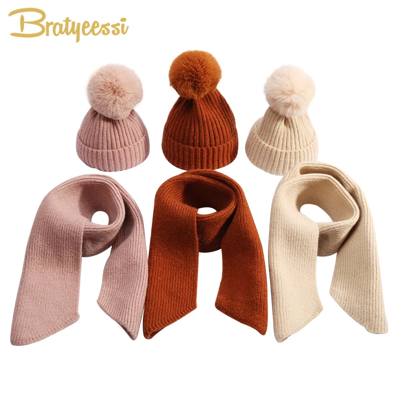 

New Winter Baby Hat with Pompom Knitted Baby Beanie Hat and Scarf Set Thick Warm Snow Baby Cap Kids Accessories 9 Colors