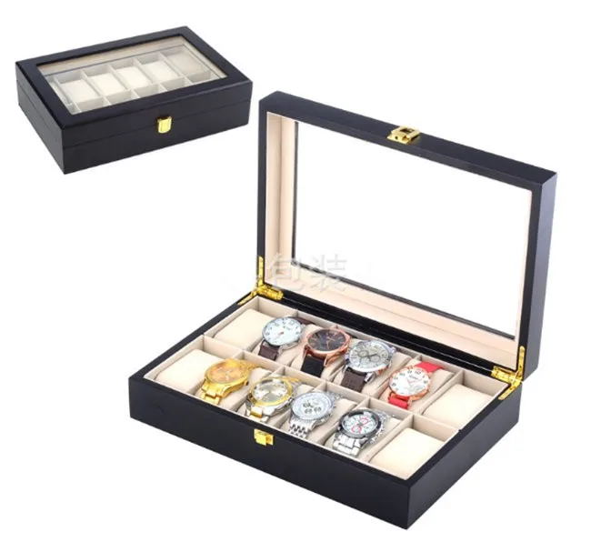 

12 Slots Watch Display Boxes Case Black MDF Watches Organizer New Watch Storage Box With Window Jewelry Gift Holder