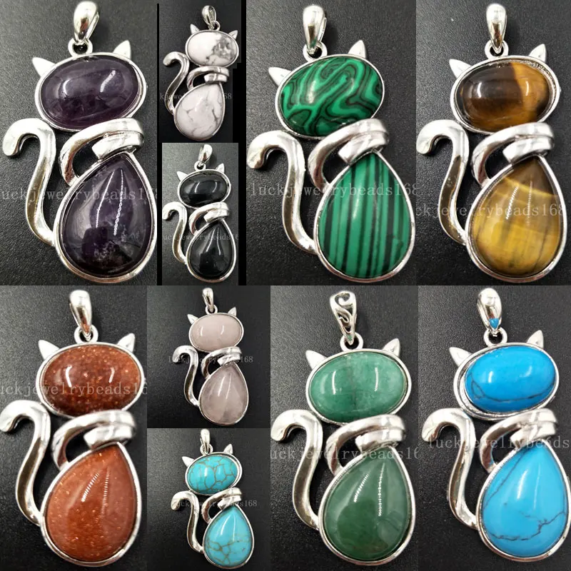 

Tigers Eye Howlite Carnelian Crystal Blue Sand Goldstone Aventurine Malachite Lapis Lazuli Cat Pendant Bead 1pcs WB538b