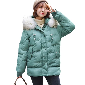 

New Korean loose Plus size Down cotton Jacket Women Winter Warm Cotton Jackets Women's Casual Hooded Fur collar Parkas 3XL F740