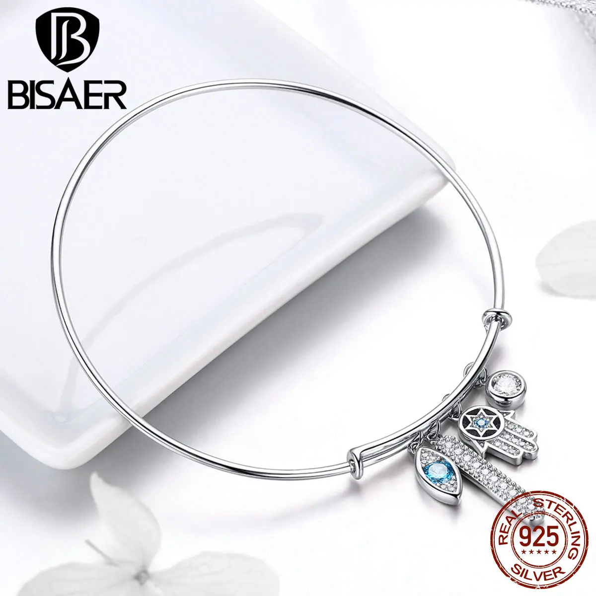 

BISAER 925 Sterling Silver Lucky Blue Evil Eye Guardian Adjustable Bracelets Bangle For Women Authentic Silver Jewelry ECB128