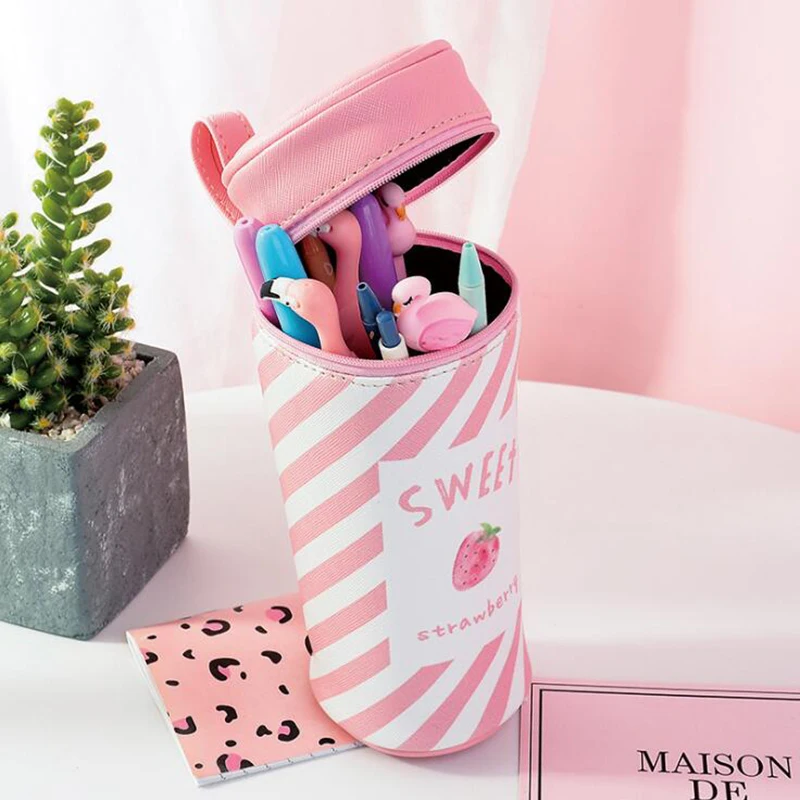 

Kawaii PU Waterproof Pink Pen Case For Girls Fruit Strawberry Pen Box School Kids Pencil Bags Stationery Pouch Make Up Case Gift