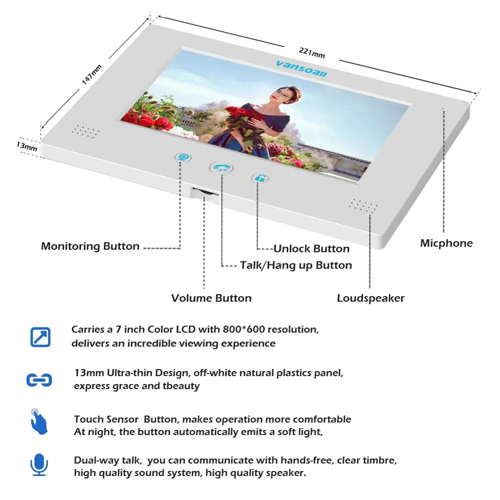 Sistema de intercomunicador de vídeo con cable para puerta de vídeo VANSOALL Monitor de Color de 7 pulgadas y cámara HD con liberación de puerta ¡botón Táctil - 3