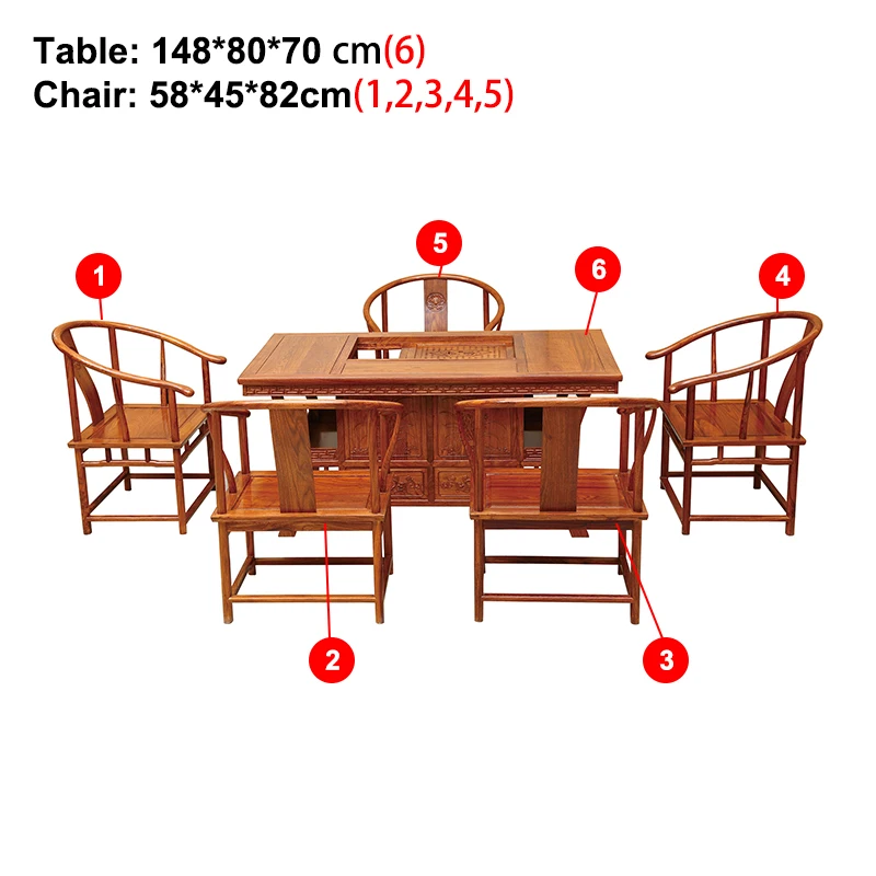 Chinese Vintage Antique Wooden Tea Table And Chairs Solid Wood Furniture Hedgehog Rosewood With A Desk And 5 Chairs