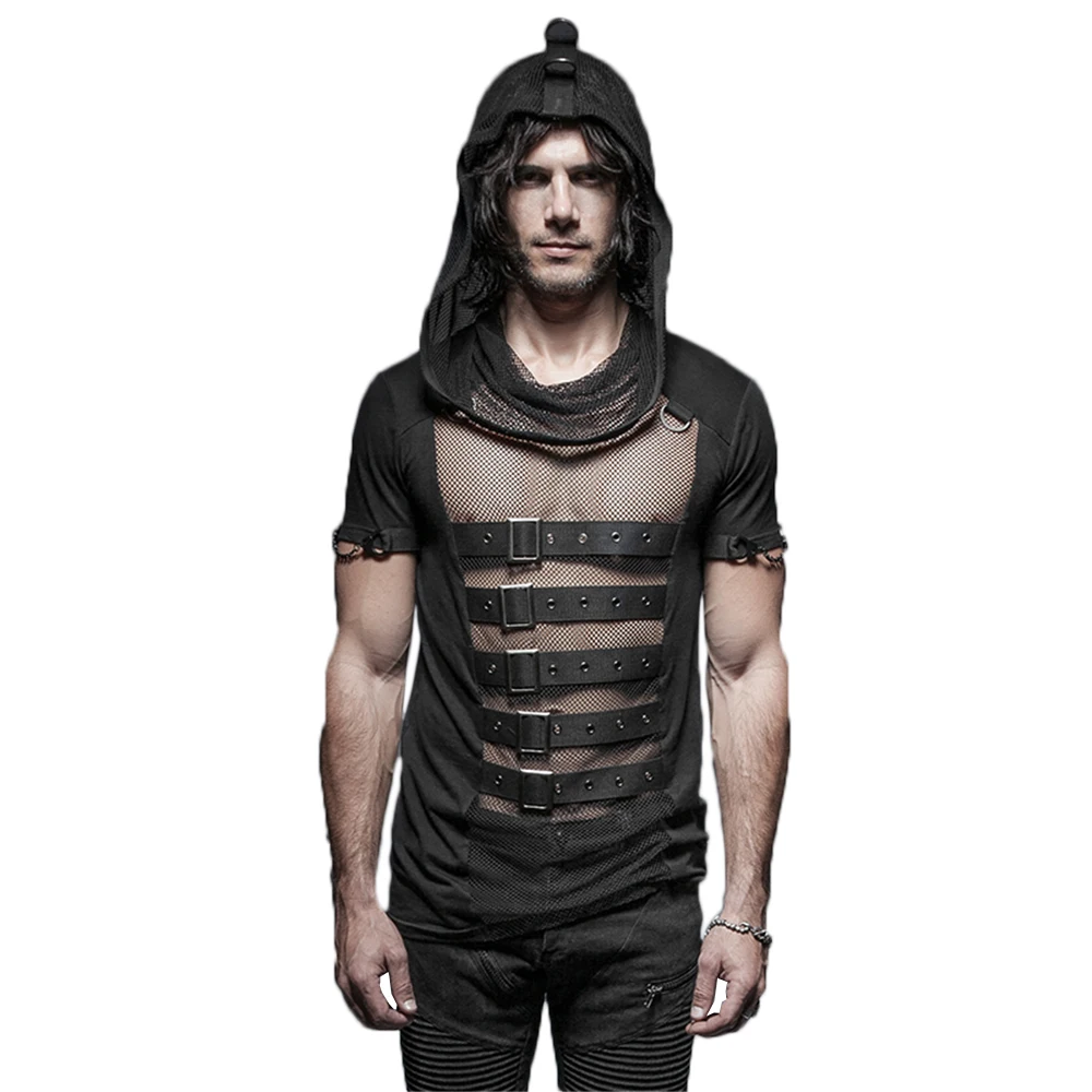 

Steampunk Mens T Shirts Gothic Slim Cotton T Shirts Hollow Out Belt Short Sleeve Hooded Mesh T Shirts