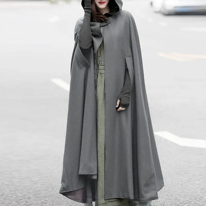 Achat ZANZEA femmes hiver à capuche ouvert avant Cape lâche solide Long manteau Hoodies Cosplay Outwear noël décontracté Cape Poncho grande taille