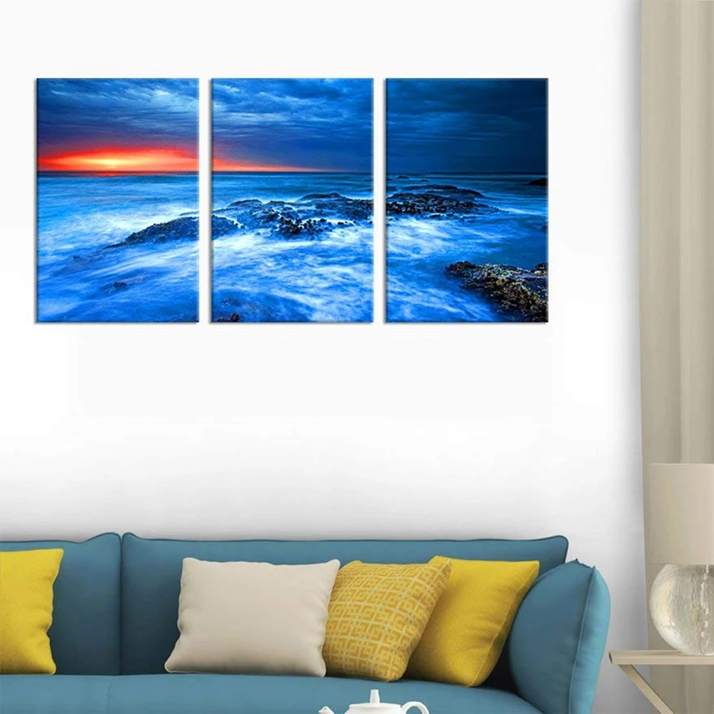 Canvas Wall Art Blue Sunset Ocean Wave Rocks Sunset Seascape Canvas