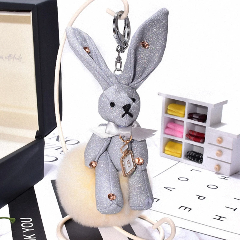 

Cute Rabbit Toy Fluffy Rex Rabbit Fur PomPom Keychain Bags Hanger Charms Key Ring For Women Porte Clef Fourrure K060-beige