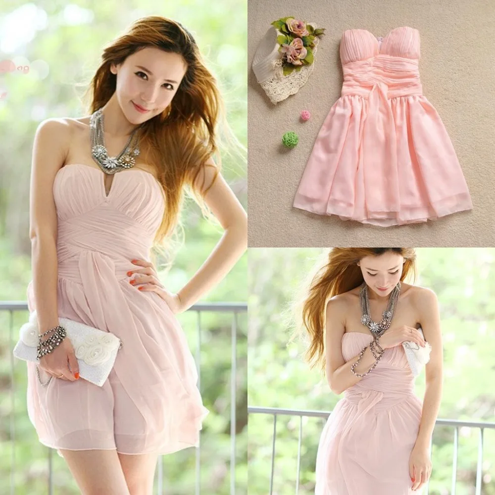 Blush Pink Bridesmaid Dress Short Crinkle Chiffon Dress Maid Soiree New