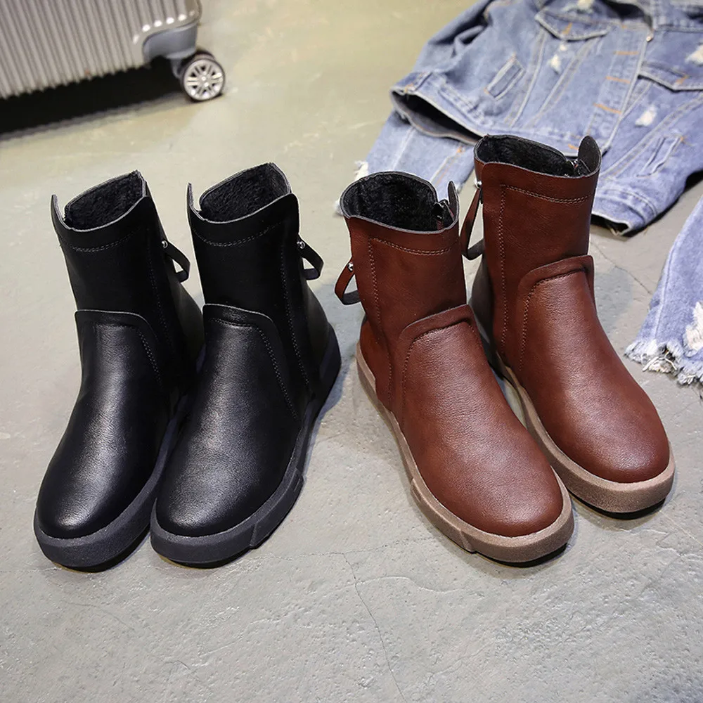 

Winter boots shoes women Leather Boots Flat Low Zipper Short Tube Boots platform Casual Martin Boots Slip-On zapatos de mujer