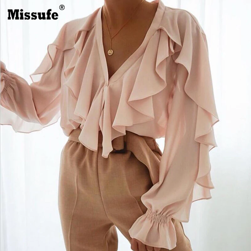 

Missufe Summer Elegant Female Blouse Overlap Ruffles Blouses Shirts Women Flare Sleeve Mesh V Neck Casual Top Shirts 2019 Blusas