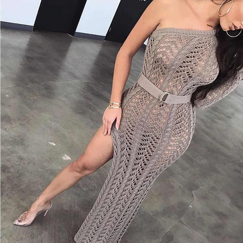 2019 Sexy Crochet Dress Beach One Shoulder Open Frocks Hook Long
