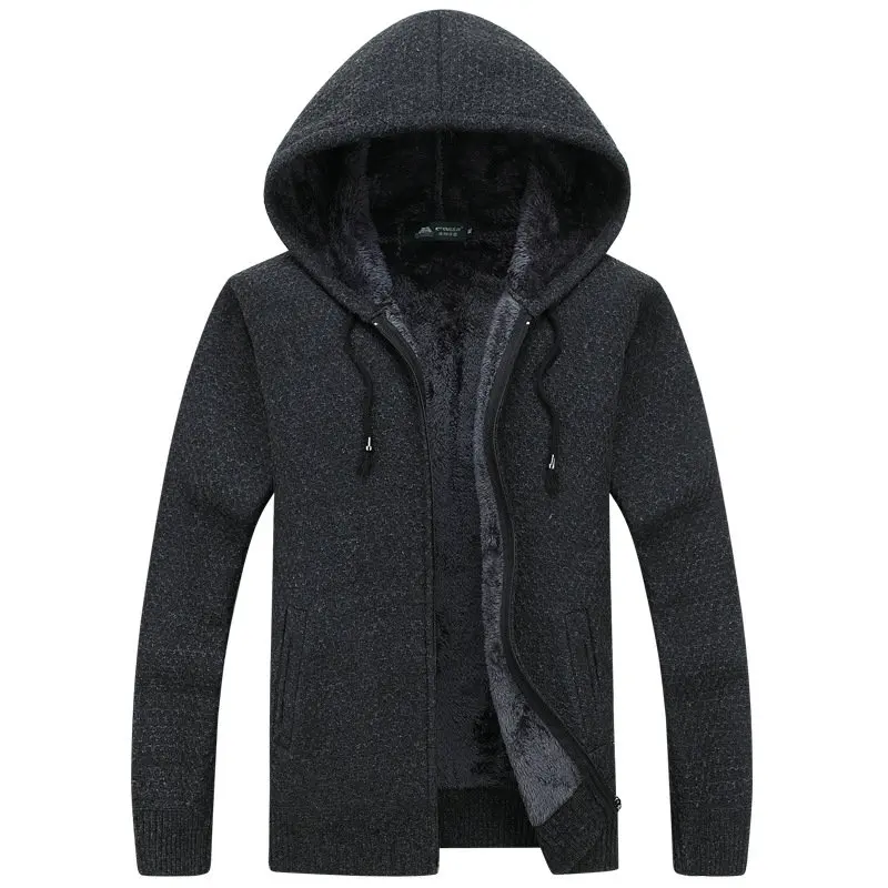 Autumn Winter Thick Warm Knitted Sweater Men Hooded Casual Solid Cardigan Men Fashion Mens Sweatercoat - Цвет: Черный