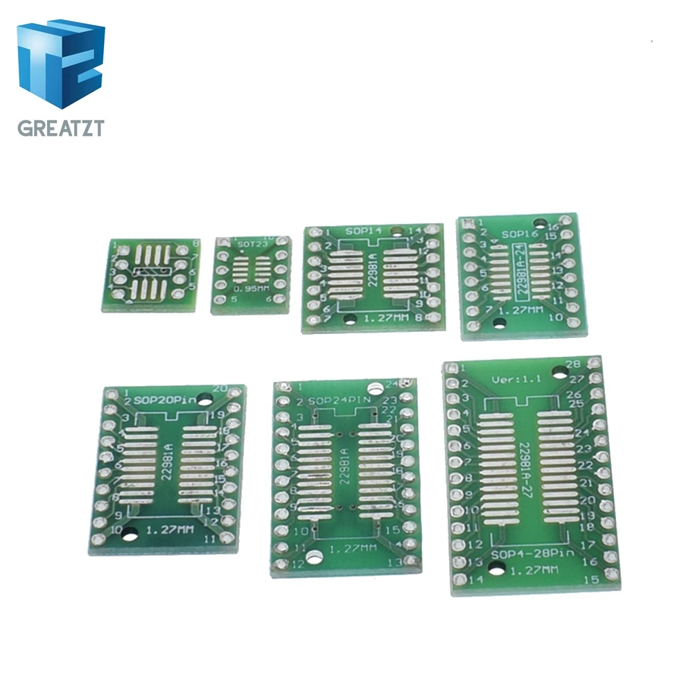 

GREATZT 7pcs=7value*1pcs PCB Board Kit SMD Turn To DIP SOP MSOP SSOP TSSOP SOT23 8 10 14 16 20 24 28 SMT To DIP