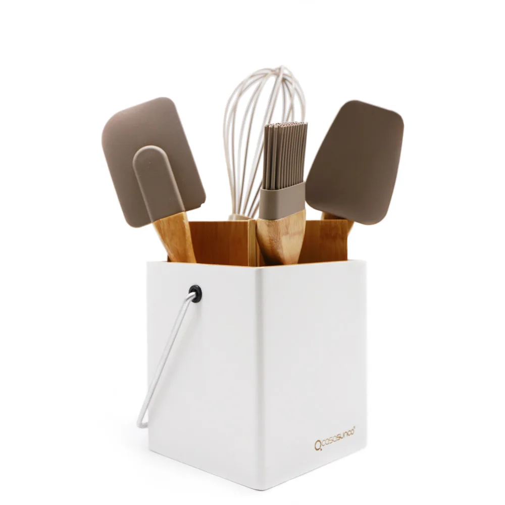 

Cooking Utensil Set with Holder-Beech Wood & Siliconel Heat-Resistant Non-stick Kitchen Utensil Spoonula Whisk by CASASUNCO