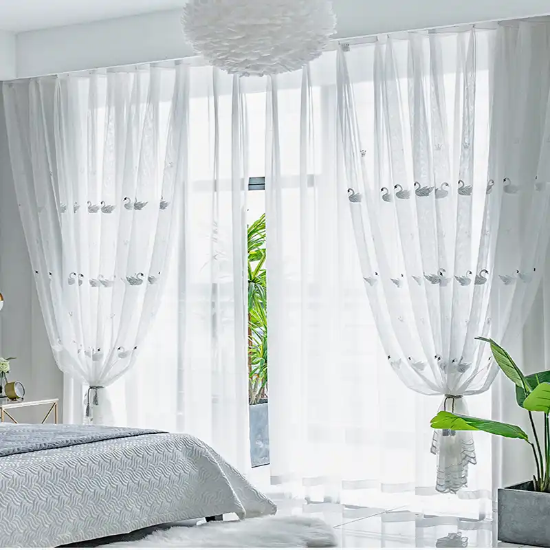 Pink Cute Swan Gauze Bedroom Tulle Balcony Decorative Drapes White Embroidered Curtains Sheer Screens For Living Room My146 40