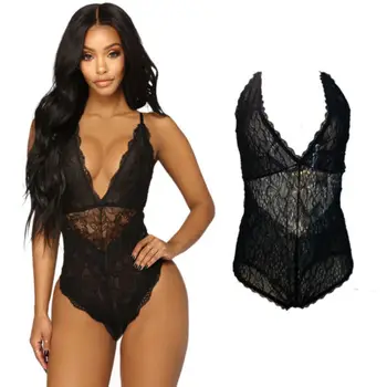 

Sexy Women Lace V-neck Lingerie Girl Sheer Hollow Teddy Dress Nightwear Bodysuit