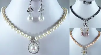 

zxia Miss charm Jew. 3 color- can choose fancy white/pink/black pearl necklace & shell pearl pendant earring set