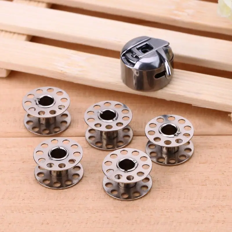 Stainless Steel Sewing Machine Bobbins Spool Case + 5pcs Bobbins Sewing