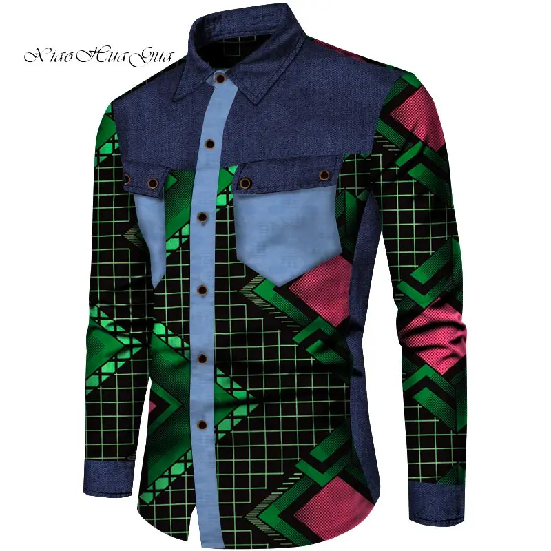 Африканская мужская одежда на заказ рубашки Анкара модный принт Лоскутная рубашка мужская с длинным рукавом Верхняя одежда WYN850 - Цвет: 15