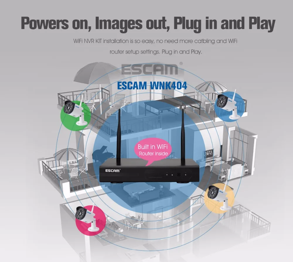 ESCAM WNK404 Outdoor 4CH CCTV Security Surveillance System ONVIF 1MP HD-720P Bullet Video Wireless Wifi Camera NVR System Kit ESCAM WNK404 Outdoor 4CH CCTV Security Surveillance System ONVIF 1MP HD-720P Bullet Video Wireless Wifi Camera NVR System Kit