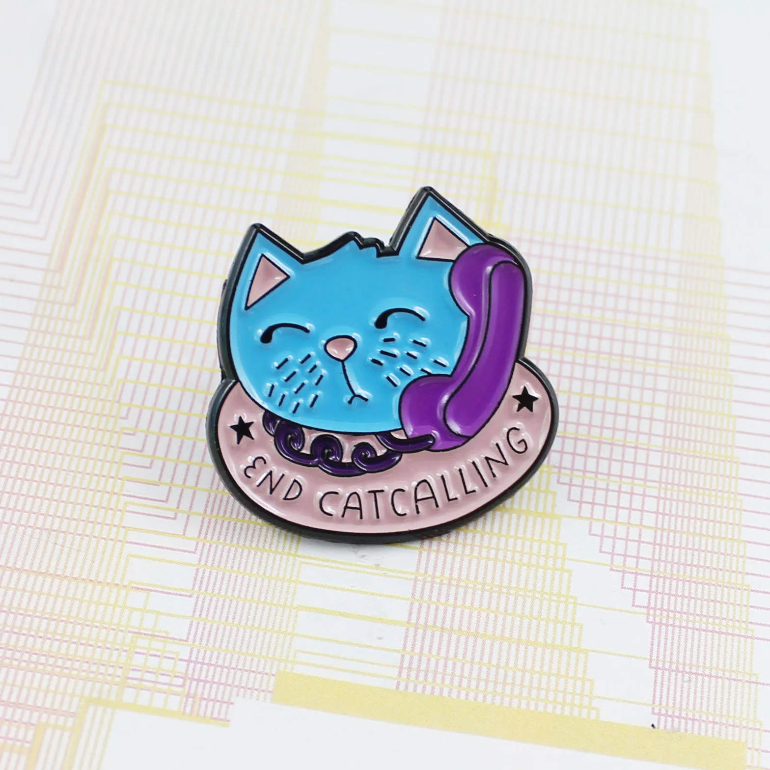 

END CATCALLING Blue Blue Lovely Cat Purple Microphone Calls Cartoon Animal Kitty T-Shirt For Kids Gifts Brooches Pins