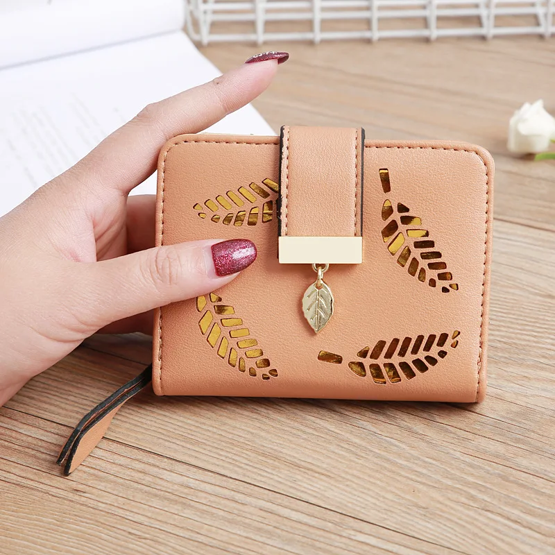 

2019 Women Wallet Purse Female Short Wallet Gold Hollow Leaves Pouch Handbag For Women Coin Purse Card Holder Money Clip