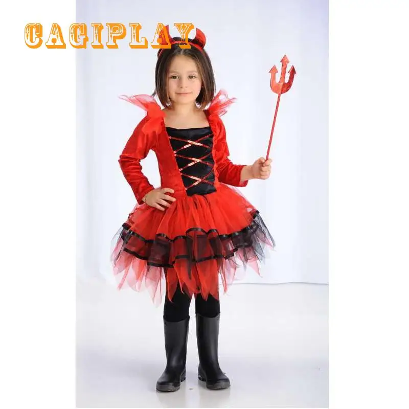 

2019 New Kids Carnival Clothing Girls Red Devil Cosplay Princess Dress Party Vestidos Halloween Role Play Costume Age 3-10 Year