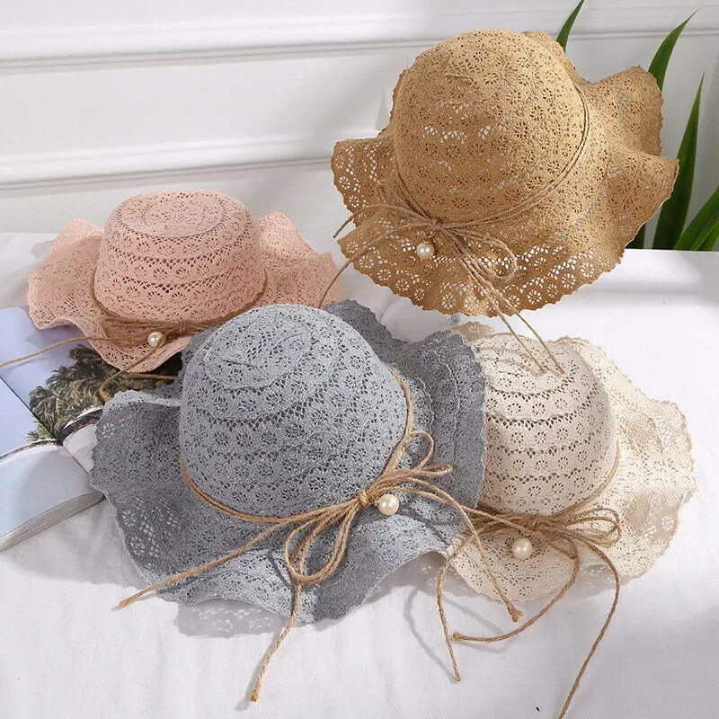 

Summer Baby Girls Lace Wave Beach Bucket Hat Children Cap Pearl Foldable Sun Hat