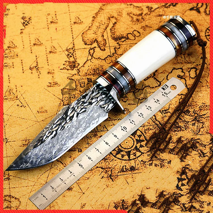 

One-piece keel structure high-grade Damascus steel knife + dyed camel bone G10 steel handle 58-59HRC boutique straight knife