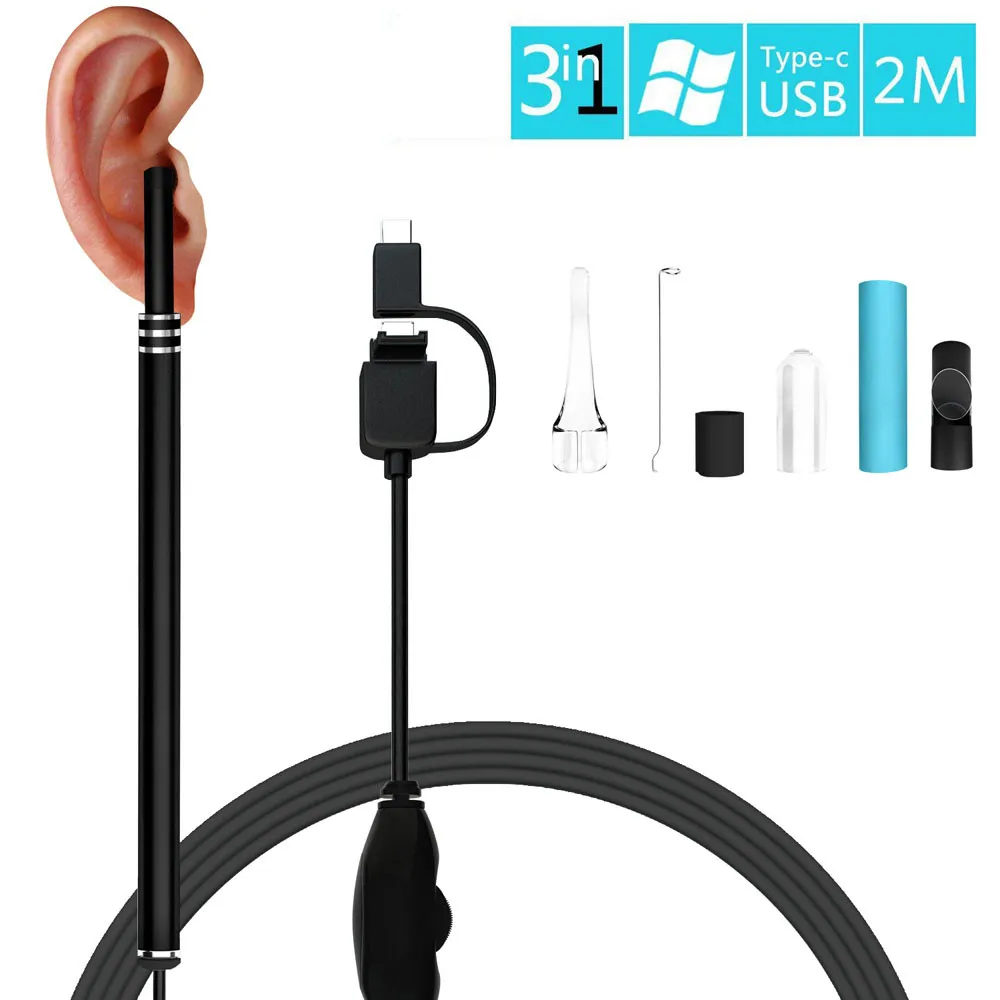 

2M 3 in 1 Android Micro USB Type-c Ear Cleaning Endoscope Visual Earpick Mini Borescope Camera Ear Clear Tool 20A Drop Shipping