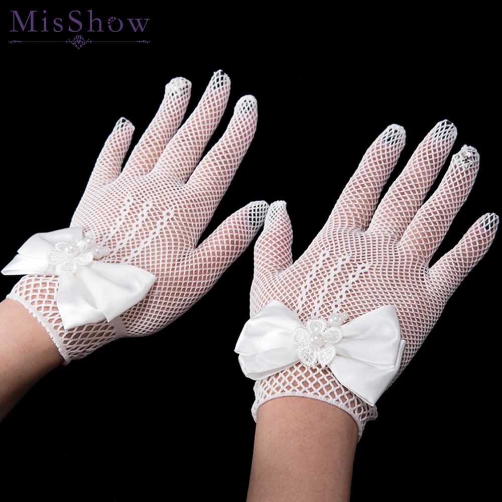 Ivory Pearl Short Bridal Gloves Wedding Guantes De Novia Figner Satin