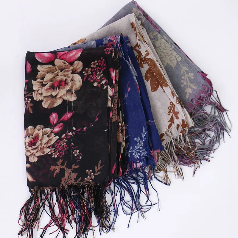 

2019 Spring Autumn Women Floral On Tree Warm Viscose Cotton Scarves Shawls Luxury Neck Bandana Pashmina Lady Wrap Snood 180*65Cm