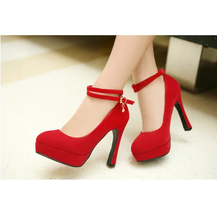 

2017 spring and autumn new style suede high-heeled shoes single round buckle waterproof women's shoes red wedding shoes