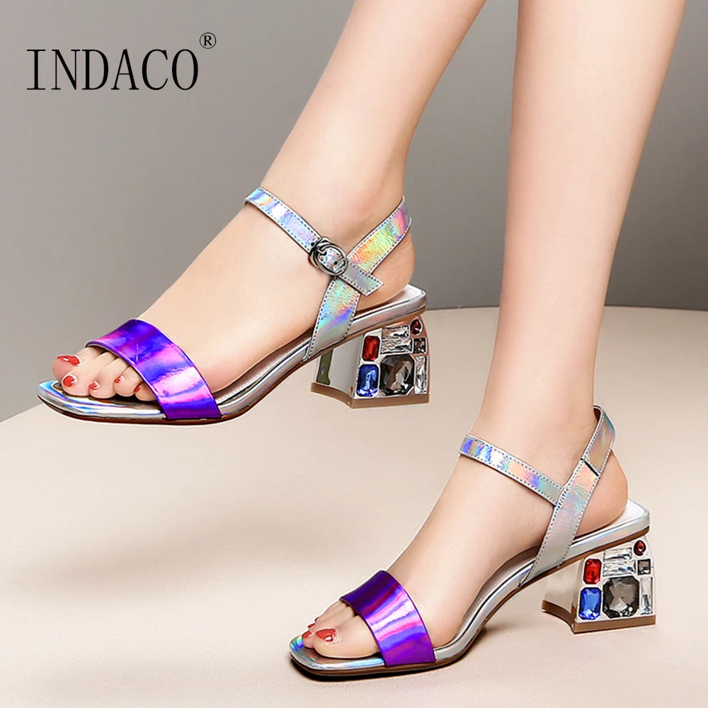 

Summer Shoes Women Sandals High Heels Sandals women 2019 New Bling Mixed Colors Leather Gemstone Thick Heel Shoes 40 41 42