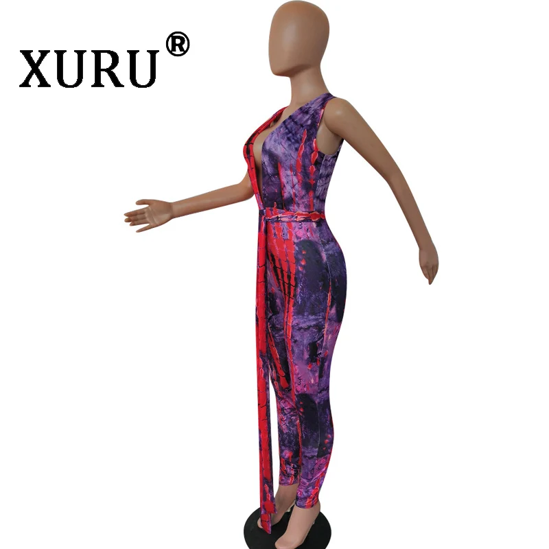 XURU Fashion Casual Print Jumpsuit Women's Deep V-neck Summer Sexy Leotard with Belt XURU Fashion Casual Print Jumpsuit Women's Deep V-neck Summer Sexy Leotard with Belt