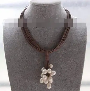 

Choker 16" 15row 14mm white pearls coffee leather necklace magnet clasp j9560