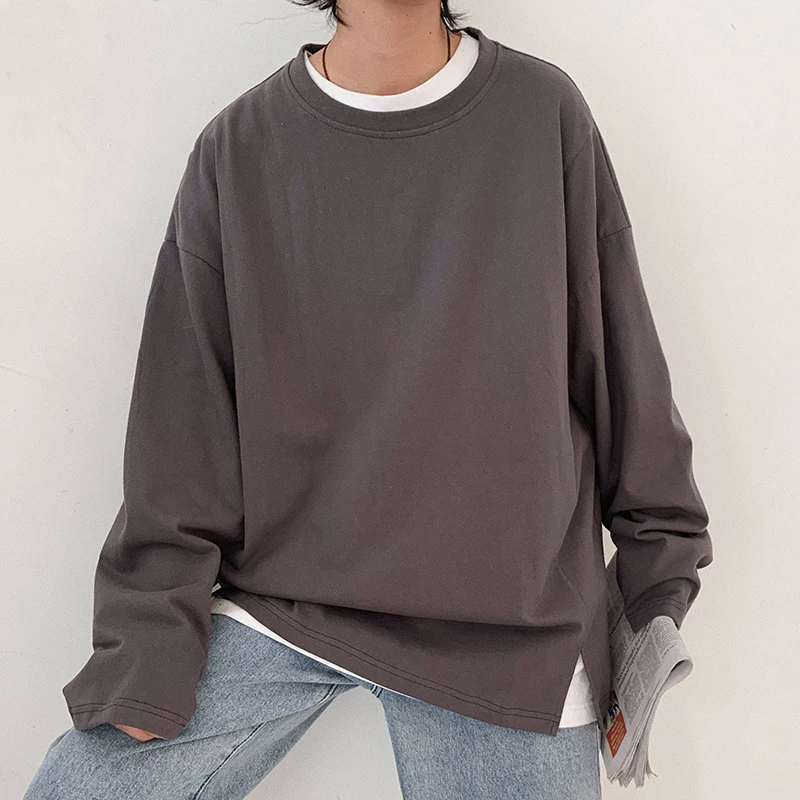 

Spring New T Shirt Men Fashion Solid Color Casual Long-sleeved Tshirt Man Streetwear Wild Loose Cotton T-shirt M-2XL