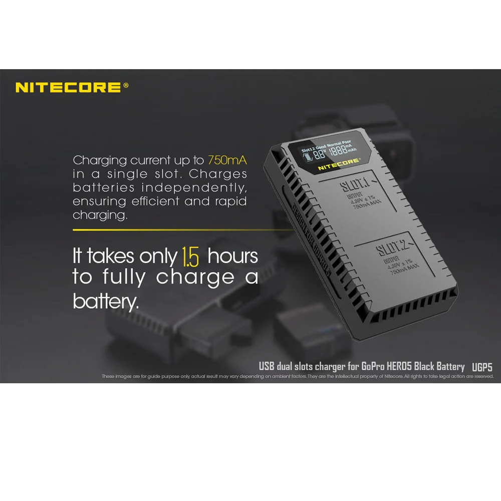 Nitecore UGP5 двойной слот цифровой зарядное устройство для GoPro Hero5 черный аккумулятор