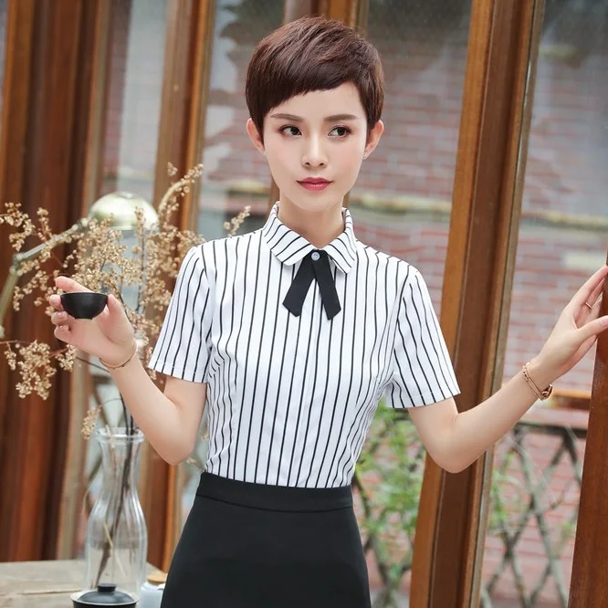 Formal Women Striped Blouses & Shirts Short Sleeve Office Ladies Summer Tops Business Clothes