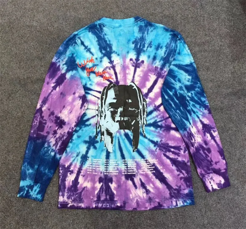 Новая ASTROWORLD Трэвиса Скотта TIE DYE футболка с длинным рукавом для мужчин и женщин 1:1 лучшее качество мода Casaul ASTROWORLD футболки