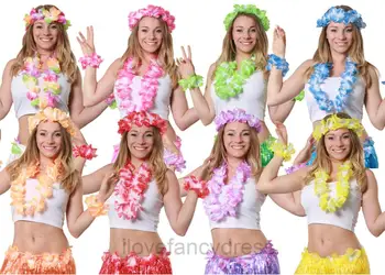 

4 PIECE HAWAIIAN LEI GARLAND SET FLOWER NECKLACE HEADBAND BRACELETS FANCY DRESS