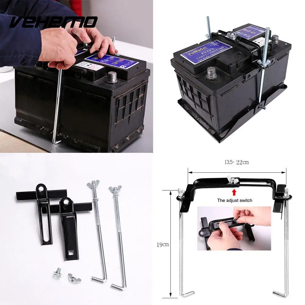 

VEHEMO Metal Battery Holder Stand Storage Rack Stabilizer Mount Black Fixed Bracket Automobile for Car Battery Stand Universal