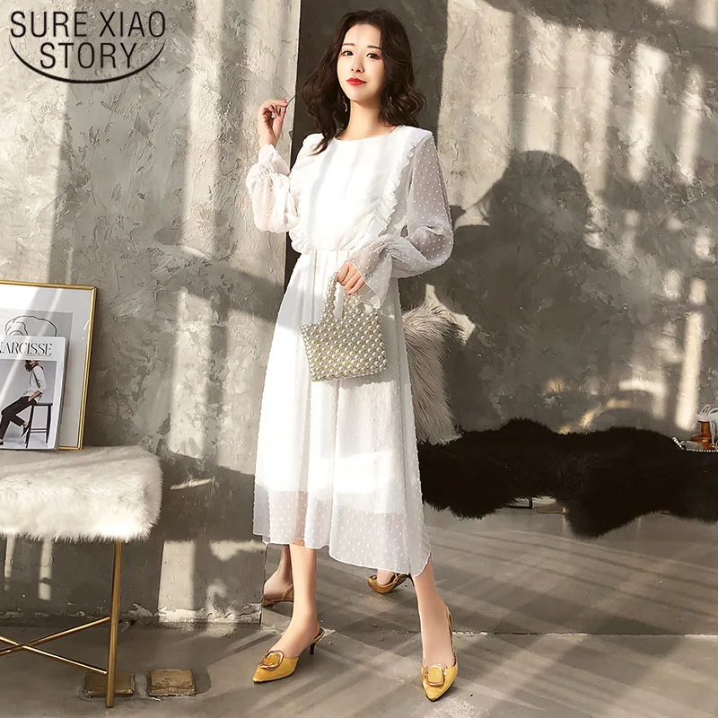 

Ruffles Polka Dot Women Chiffon Dress Elastic Waist Female Long Vestidos Retro A-line Women Dress 3508 50