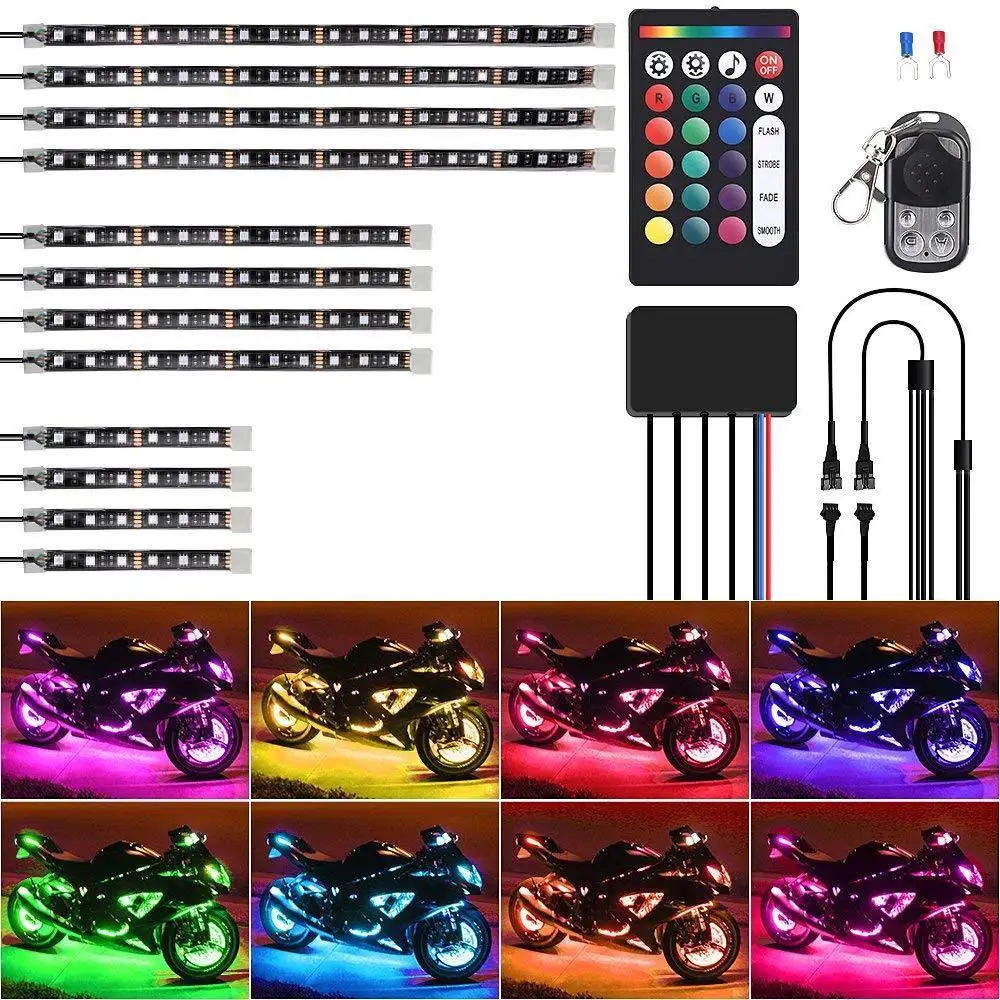 

12 pcs Motorcycle Multi-color Universal RGB 15 Colors LED Light Strips Kit RC