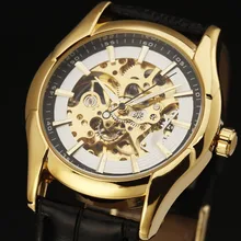 2016 GAGNANT Autoamtic Mécanique Hommes Femmes Montres Classique Argent/Or Cas Skeletondial Réel Bracelet En Cuir Relogio Feminino
