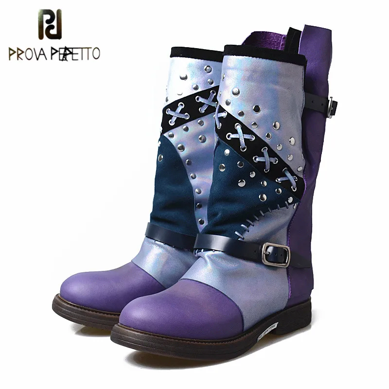 Mujeres Pantorrilla Moda Damas Botas Cuero Para Perfetto Prova Media Grueso Motocicleta Falt Fondo Marca Real Suave Diseñador Purple De Cwx8xISqt