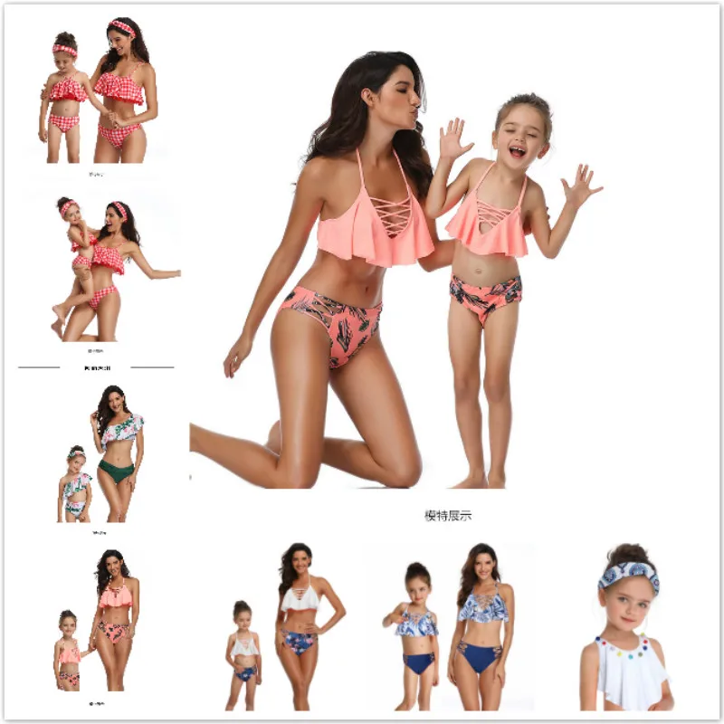 

Mommy and Me Swimsuit Floral Mother Daughter Swimsuit printing piece double lotus leaf Parent-Child Swimwear Family matching