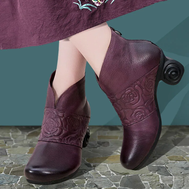 Autumn women boots genuine leather vintage ethnic female short boots women winter boots thick heel short plush shoes